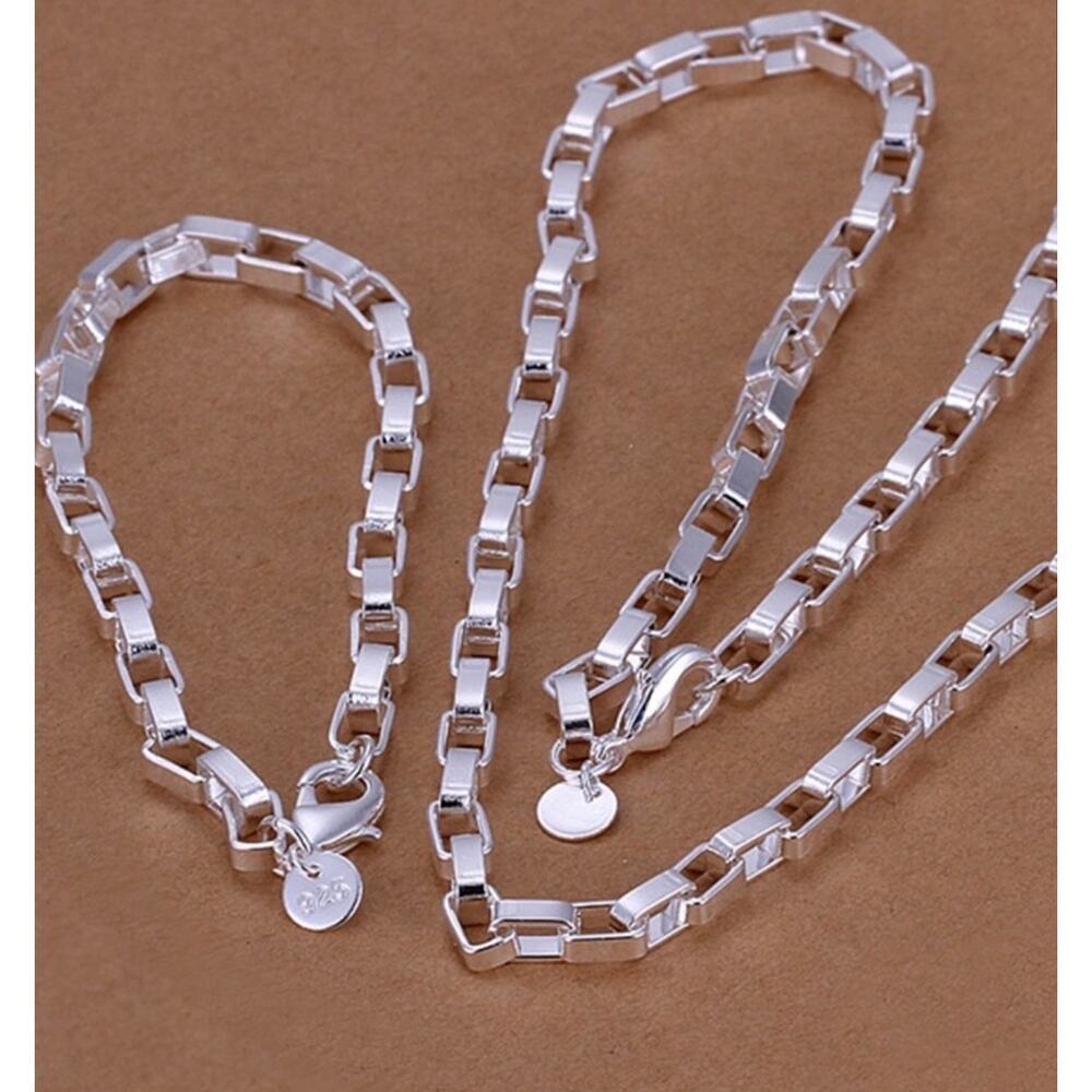 925 Stamp silver color box Chain 925 Bracelets 8” Necklace 20” JewelrySet Unisex